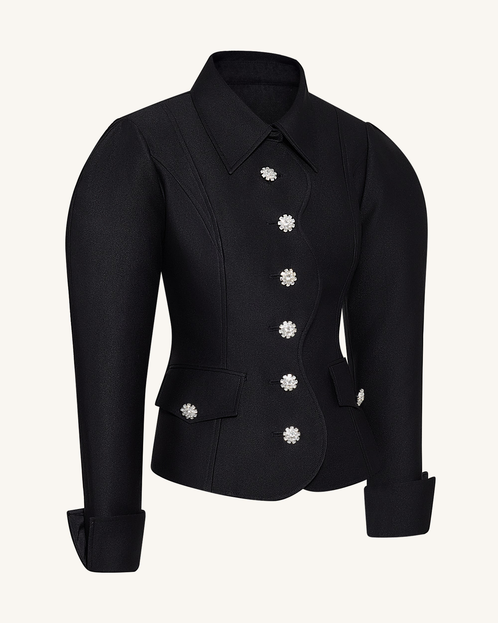 Scalloped Placket Leg of Mutton Blazer - Black