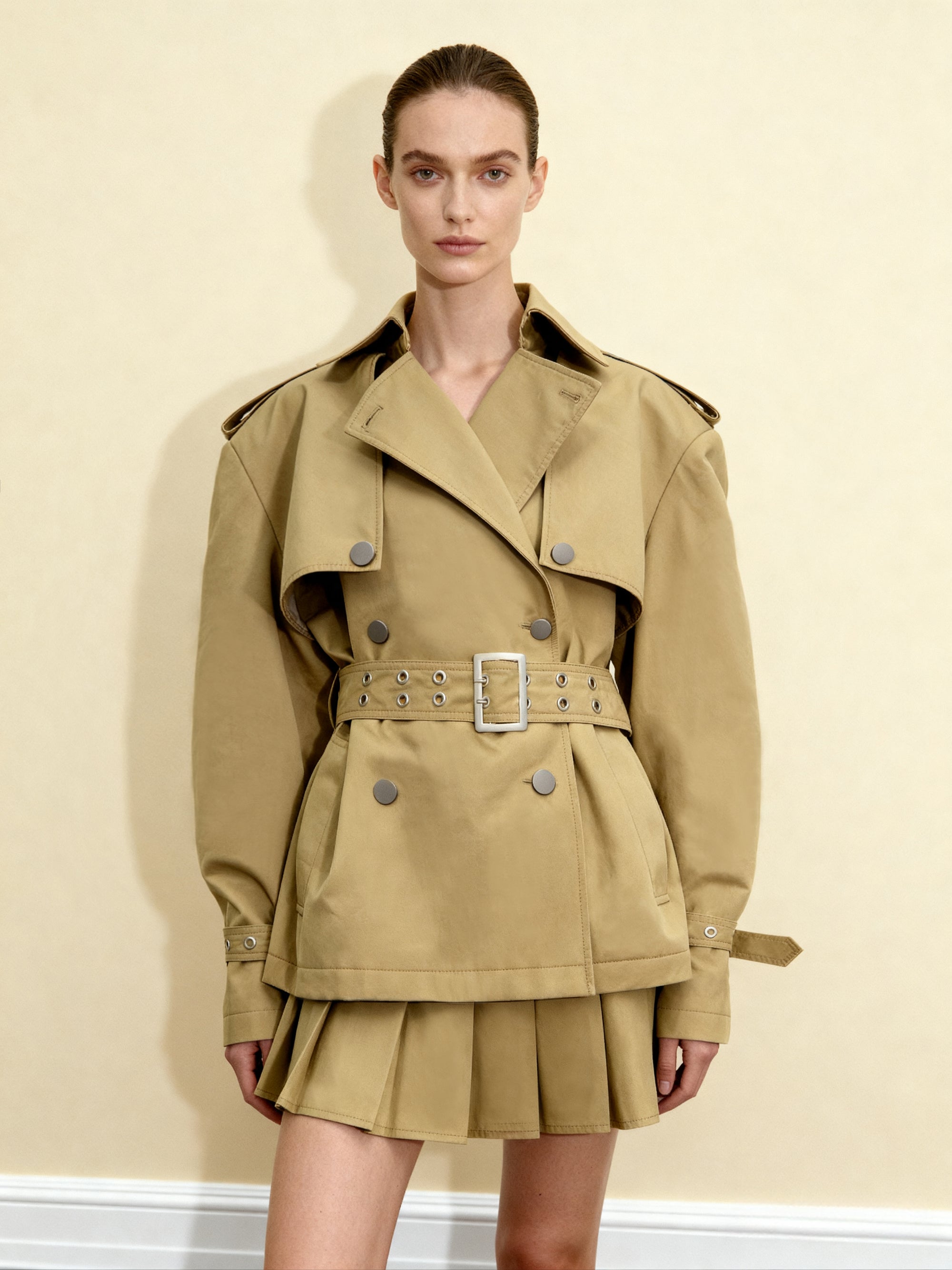 Grommet Belt Drop Shoulder Short Trench Jacket - Khaki