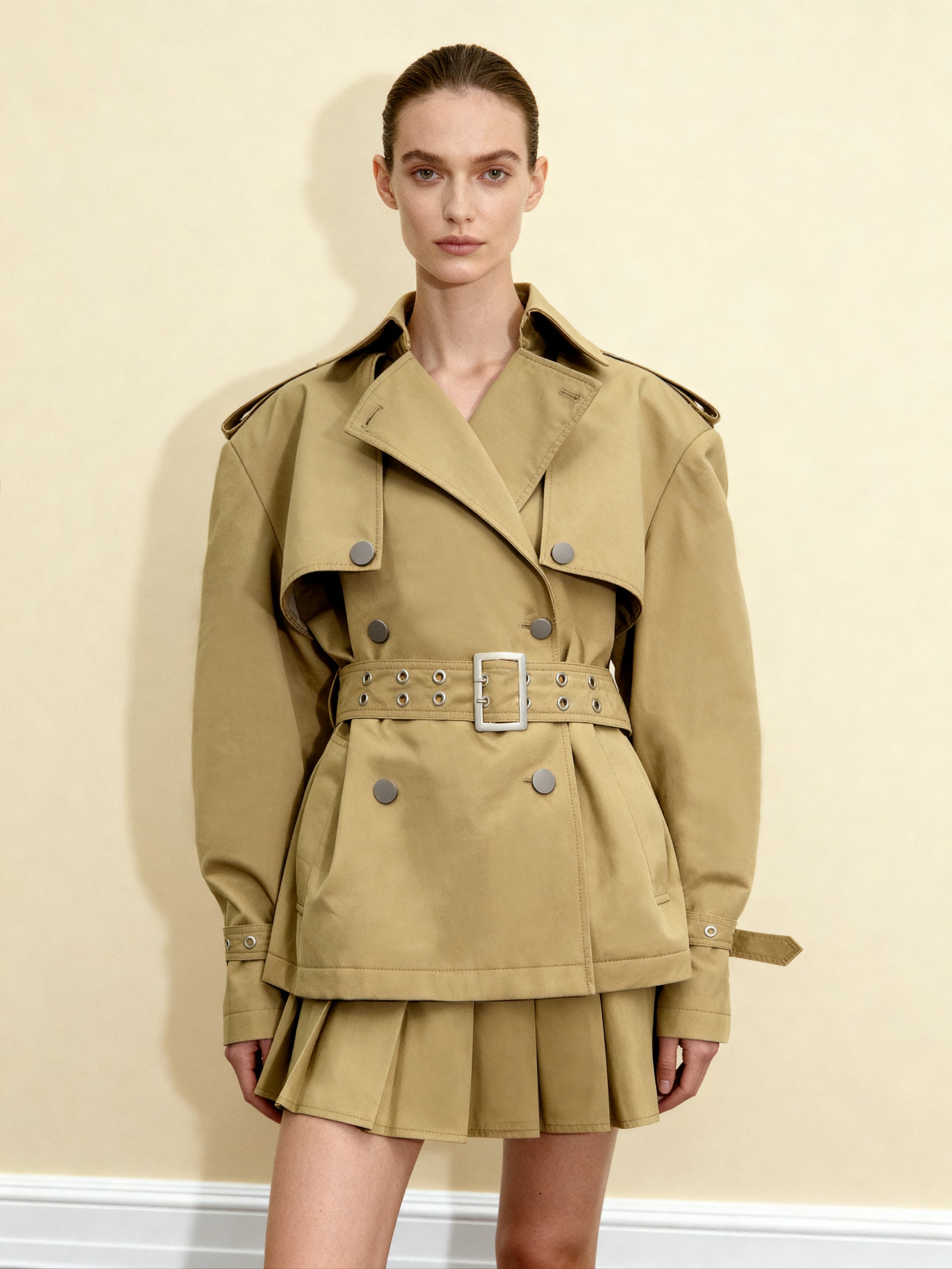 Grommet Belt Drop Shoulder Short Trench Jacket - Khaki