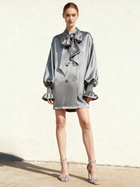 Ribbon Tie Balloon Sleeve Longline Blazer - Silver