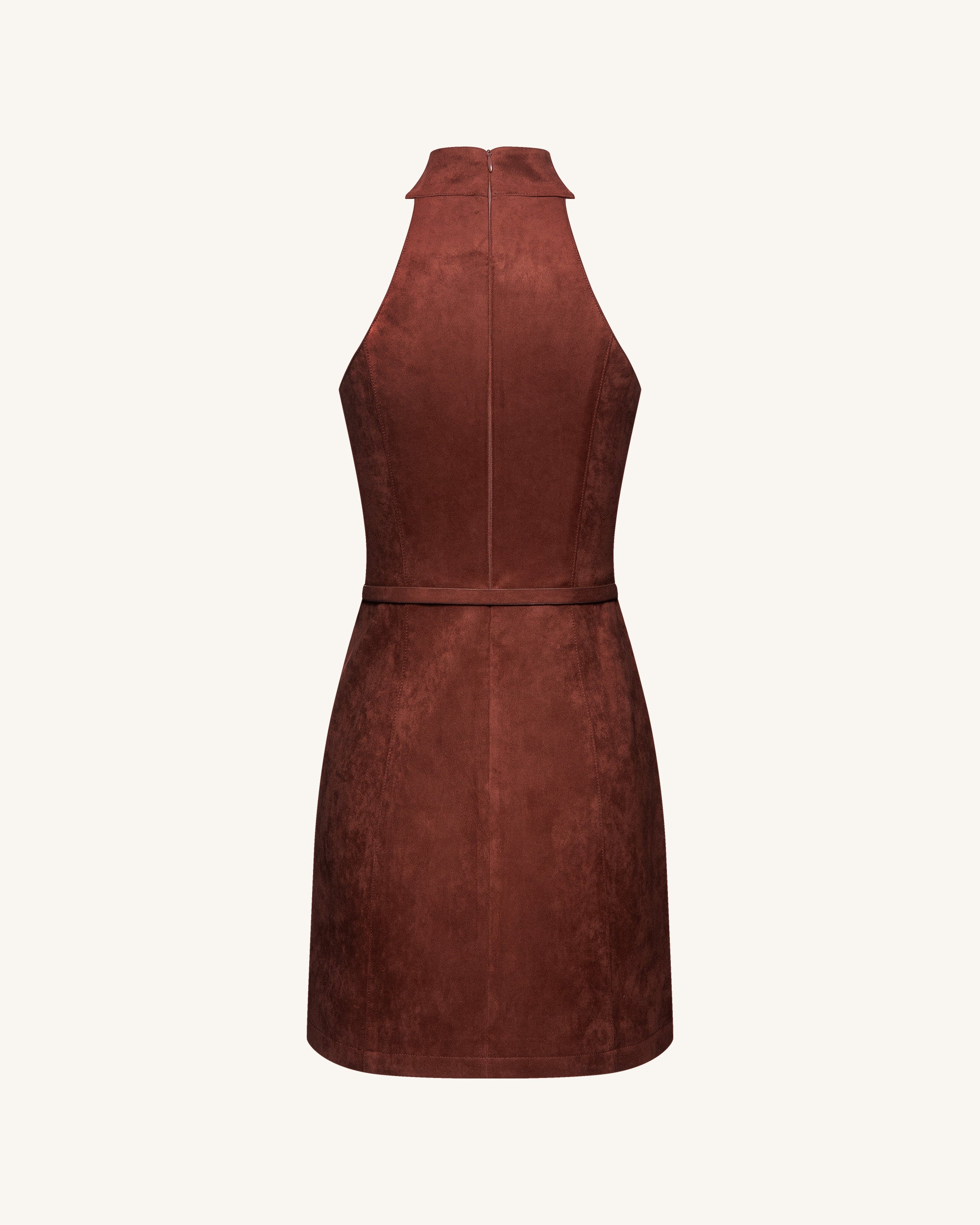 Faux Suede Halter Neck Zip-Front Mini Dress - Burgundy, 2 | US Faux Suede Halter Neck Zip-Front Mini Dress - Burgundy, 2 | US