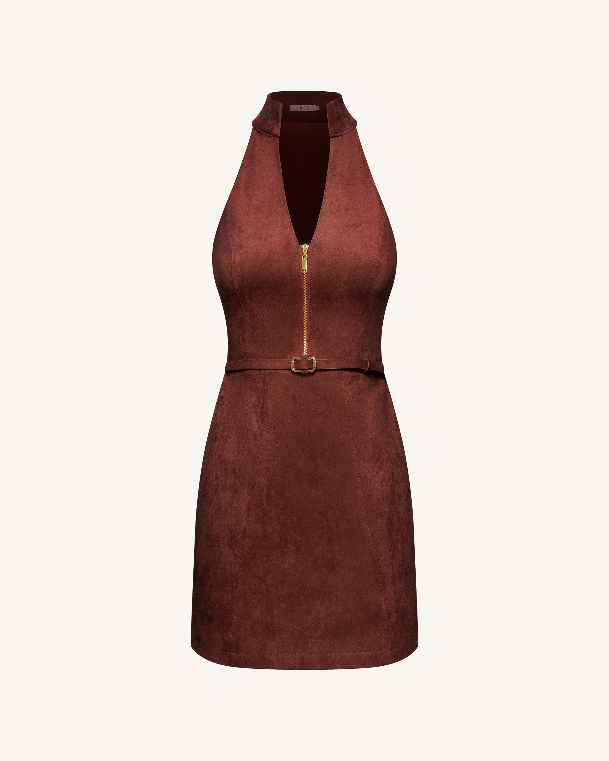 Faux Suede Halter Neck Zip-Front Mini Dress - Burgundy | JW PEI Faux Suede Halter Neck Zip-Front Mini Dress - Burgundy | JW PEI