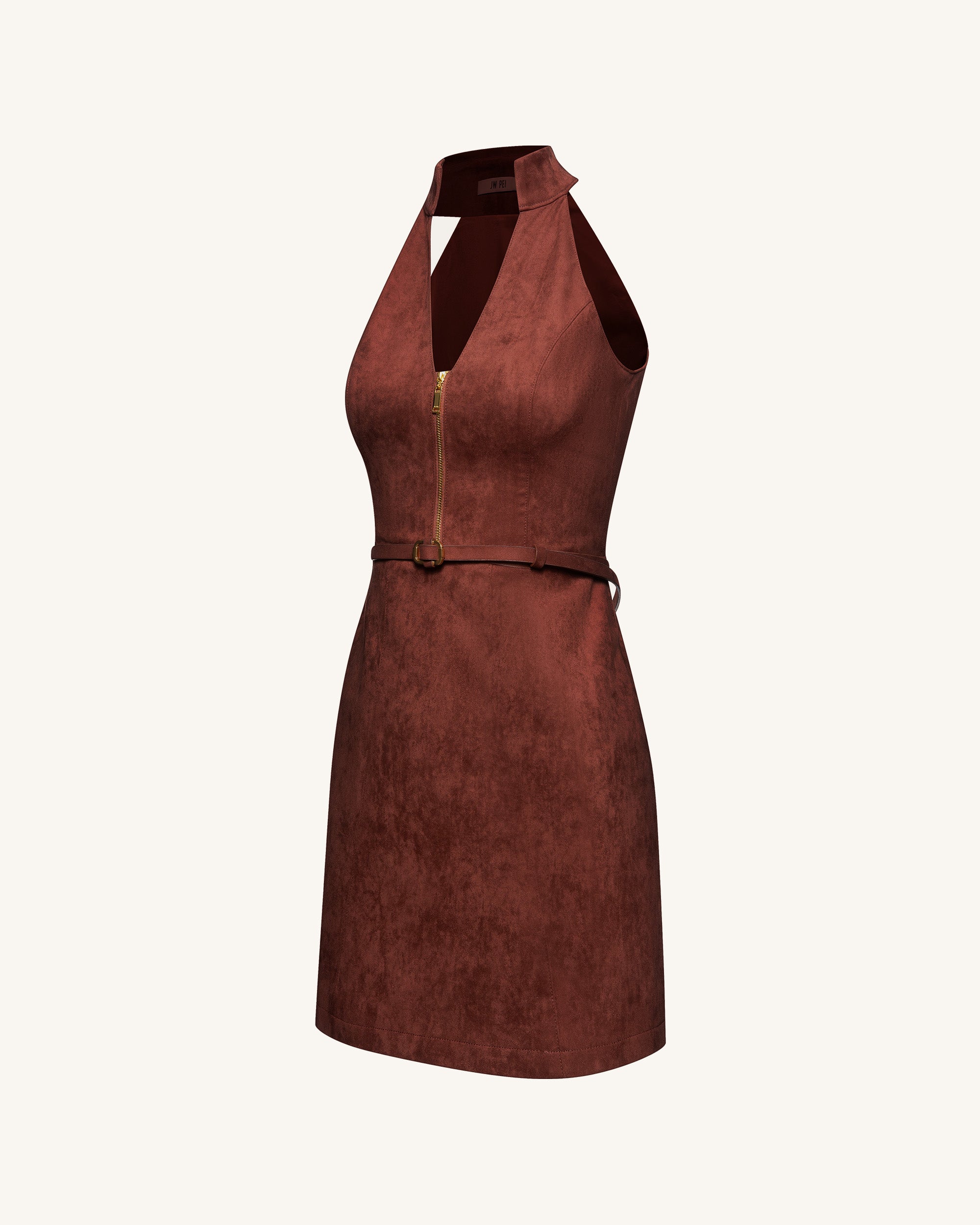 Faux Suede Halter Neck Zip-Front Mini Dress - Burgundy, 2 | US Faux Suede Halter Neck Zip-Front Mini Dress - Burgundy, 2 | US