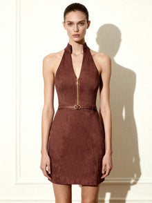 Faux Suede Halter Neck Zip-Front Mini Dress - Burgundy, 2 | US Faux Suede Halter Neck Zip-Front Mini Dress - Burgundy, 2 | US