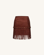 Western-Style Sueded Fringe Skirt - Burgundy