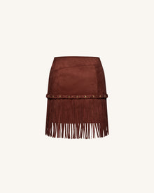 Western-Style Sueded Fringe Skirt - Burgundy