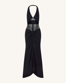 Ruched Lace Panel Maxi Dress - Black