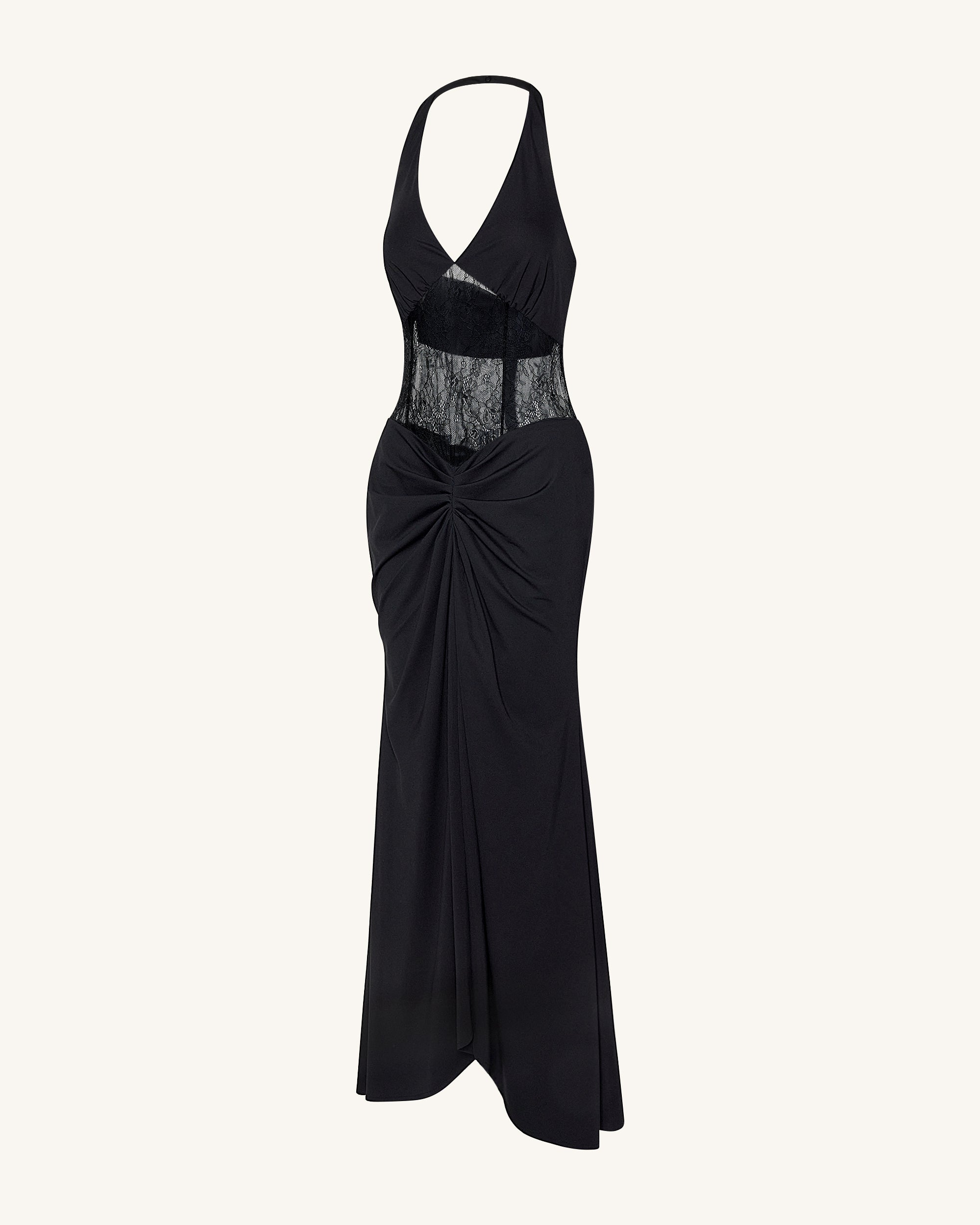 Ruched Lace Panel Maxi Dress - Black 8 | US Ruched Lace Panel Maxi Dress - Black 8 | US
