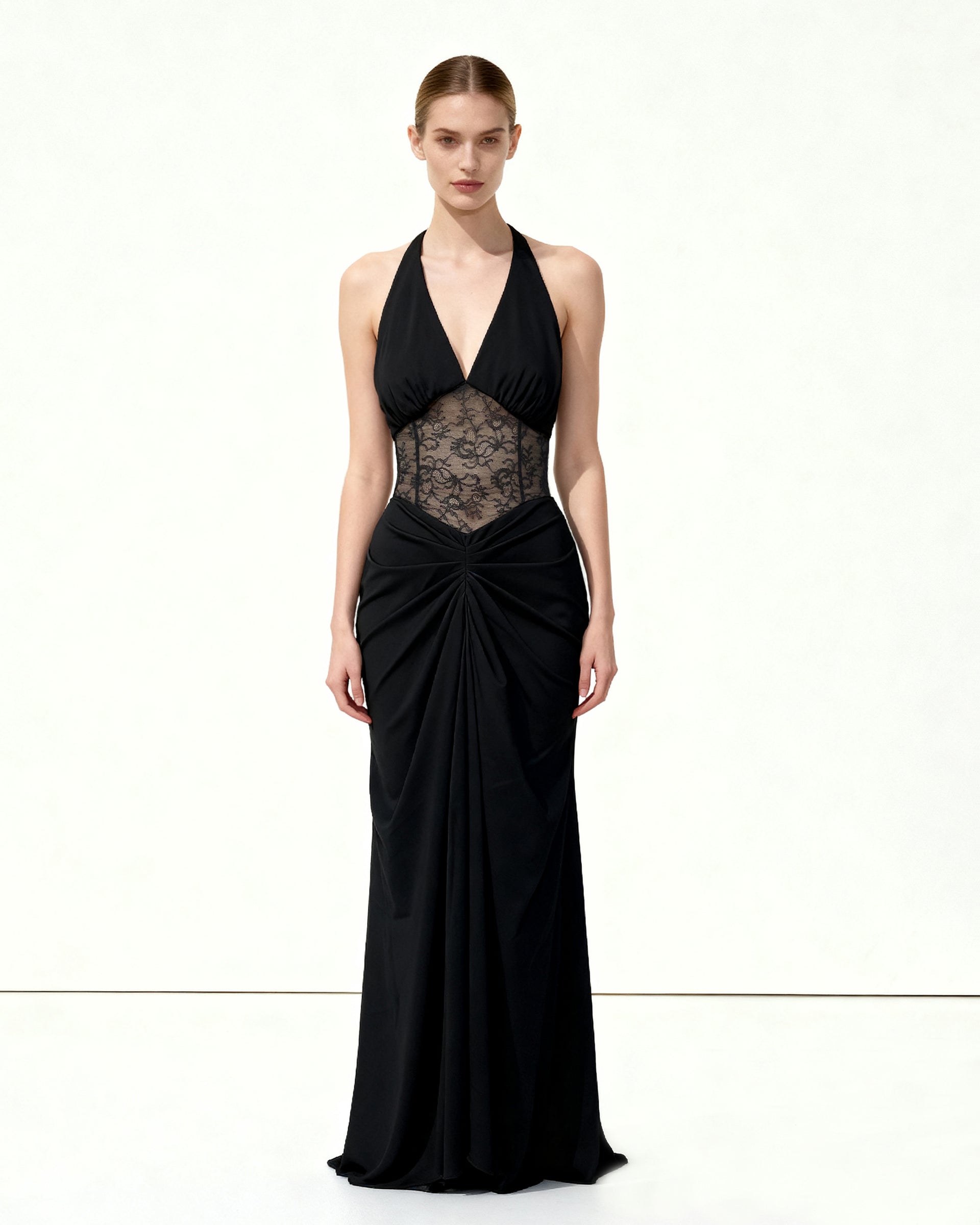 Ruched Lace Panel Maxi Dress - Black 8 | US