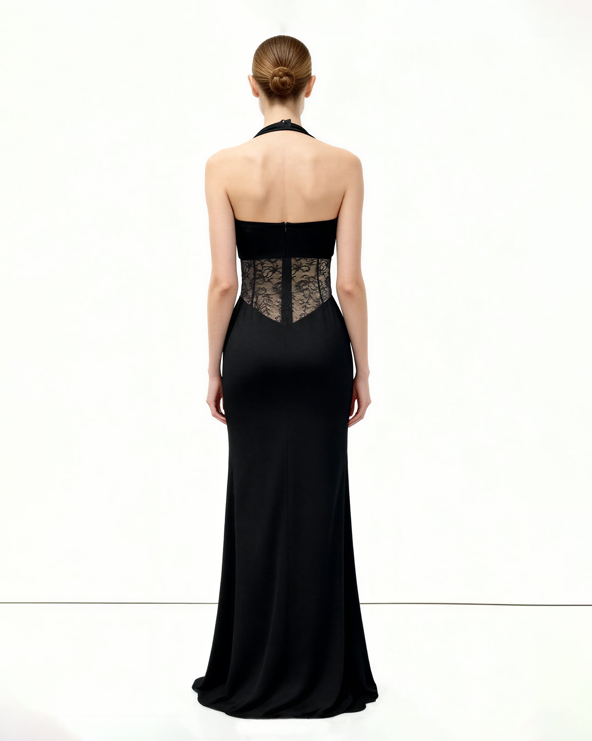 Ruched Lace Panel Maxi Dress - Black