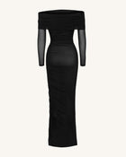 Ruched Off-Shoulder Mesh-Sleeve Mermaid Maxi Dress - Black