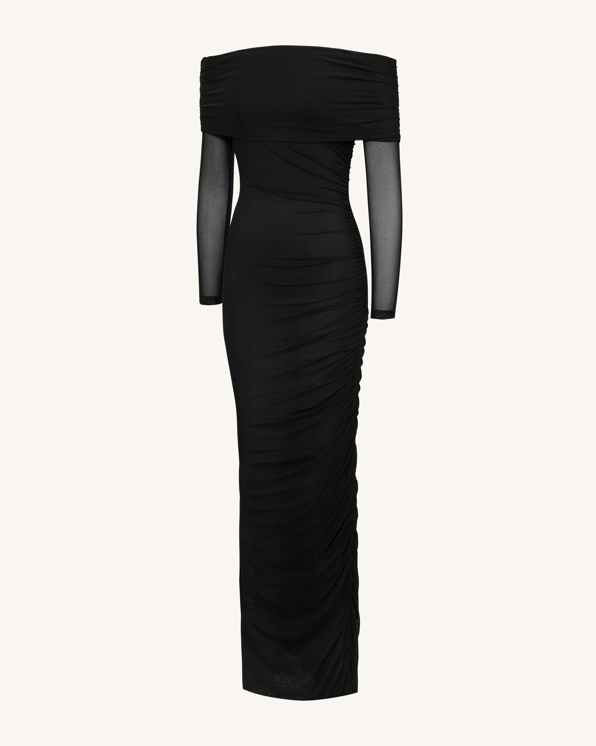 Ruched Off-Shoulder Mesh-Sleeve Mermaid Maxi Dress - Black | JW PEI Ruched Off-Shoulder Mesh-Sleeve Mermaid Maxi Dress - Black | JW PEI