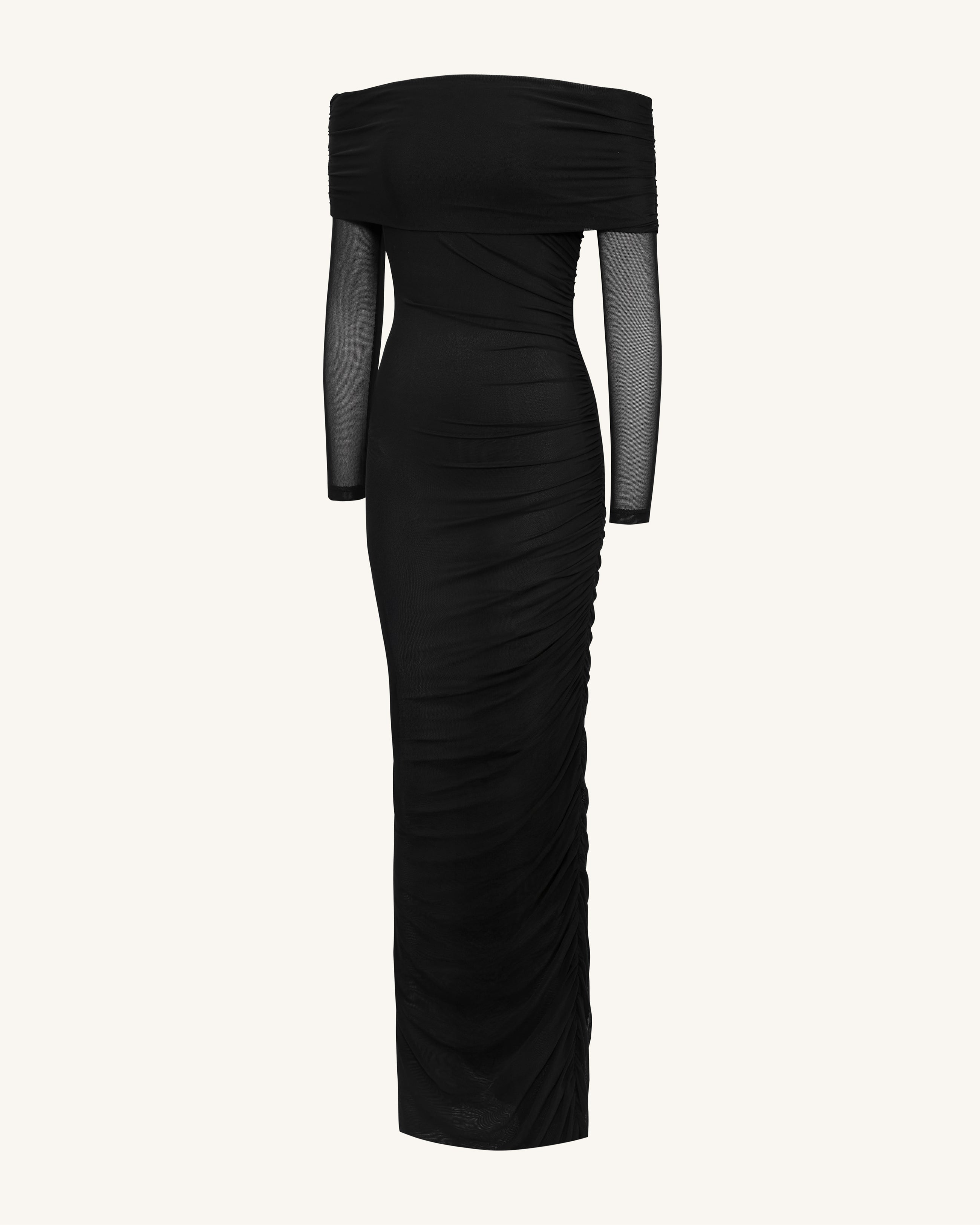 Ruched Off-Shoulder Mesh-Sleeve Mermaid Maxi Dress - Black