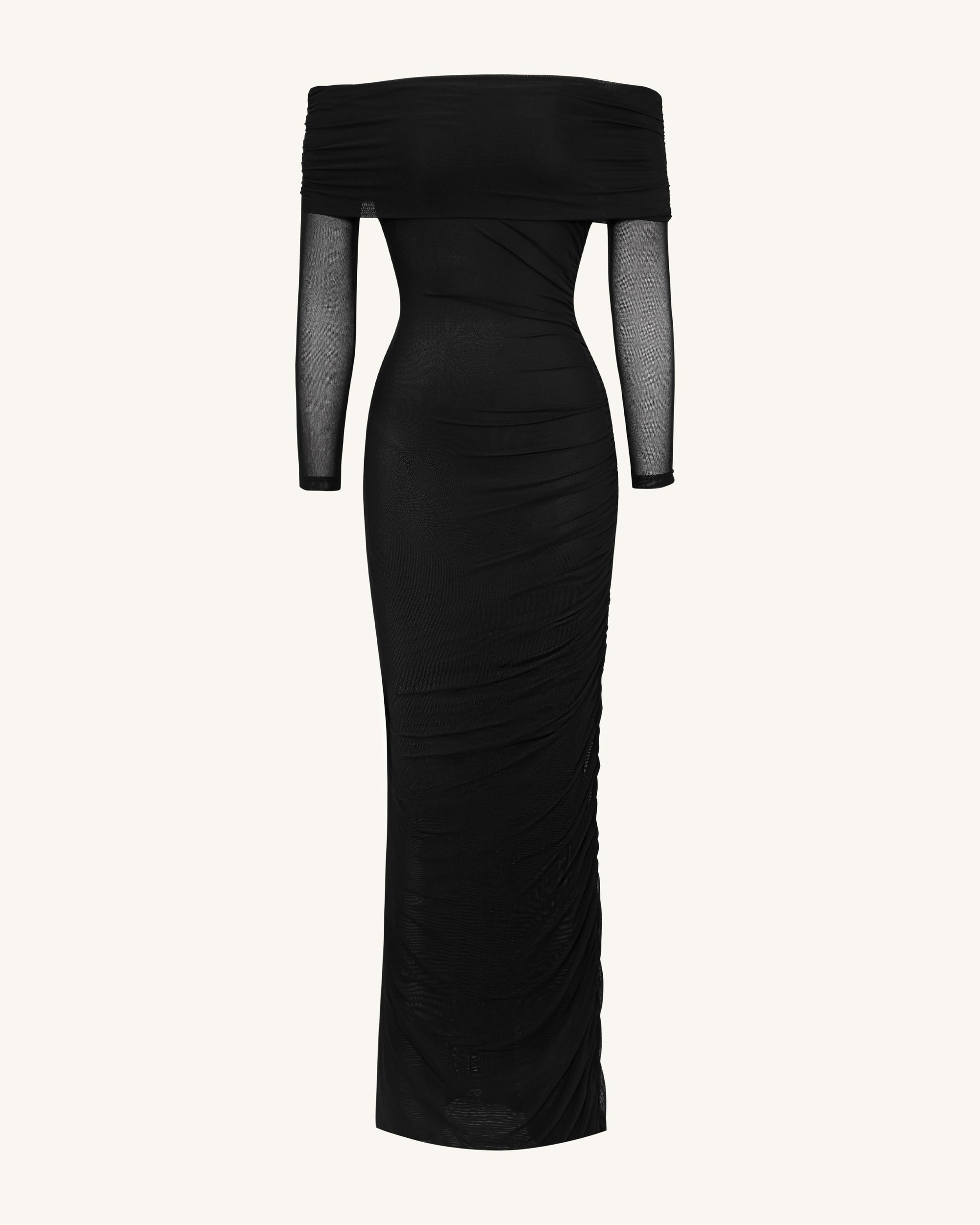 Ruched Off-Shoulder Mesh-Sleeve Mermaid Maxi Dress - Black | JW PEI Ruched Off-Shoulder Mesh-Sleeve Mermaid Maxi Dress - Black | JW PEI