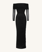 Ruched Off-Shoulder Mesh-Sleeve Mermaid Maxi Dress - Black