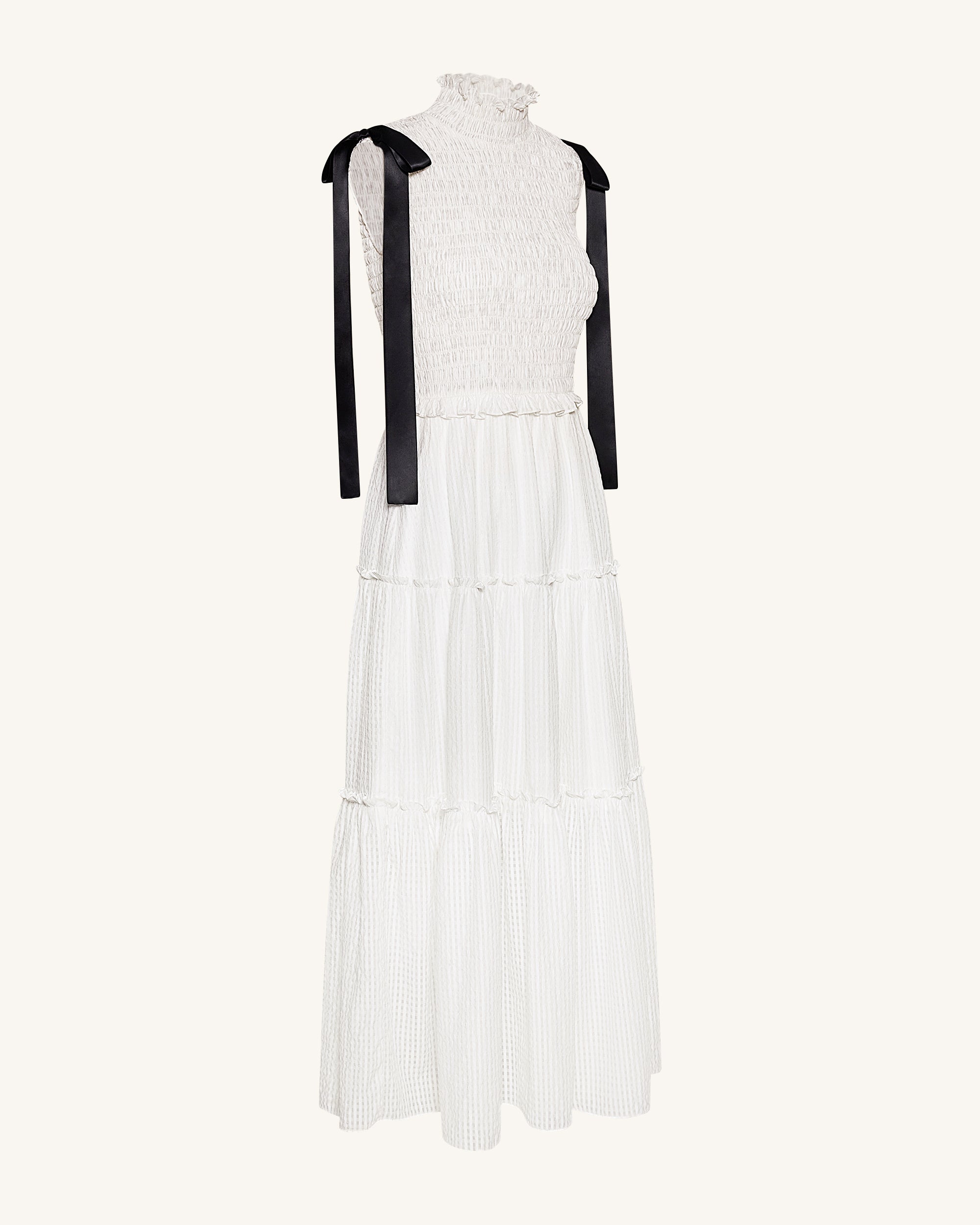 High-Neck Sleeveless Smocked Three-Tier Maxi Dress - White | JW PEI High-Neck Sleeveless Smocked Three-Tier Maxi Dress - White | JW PEI