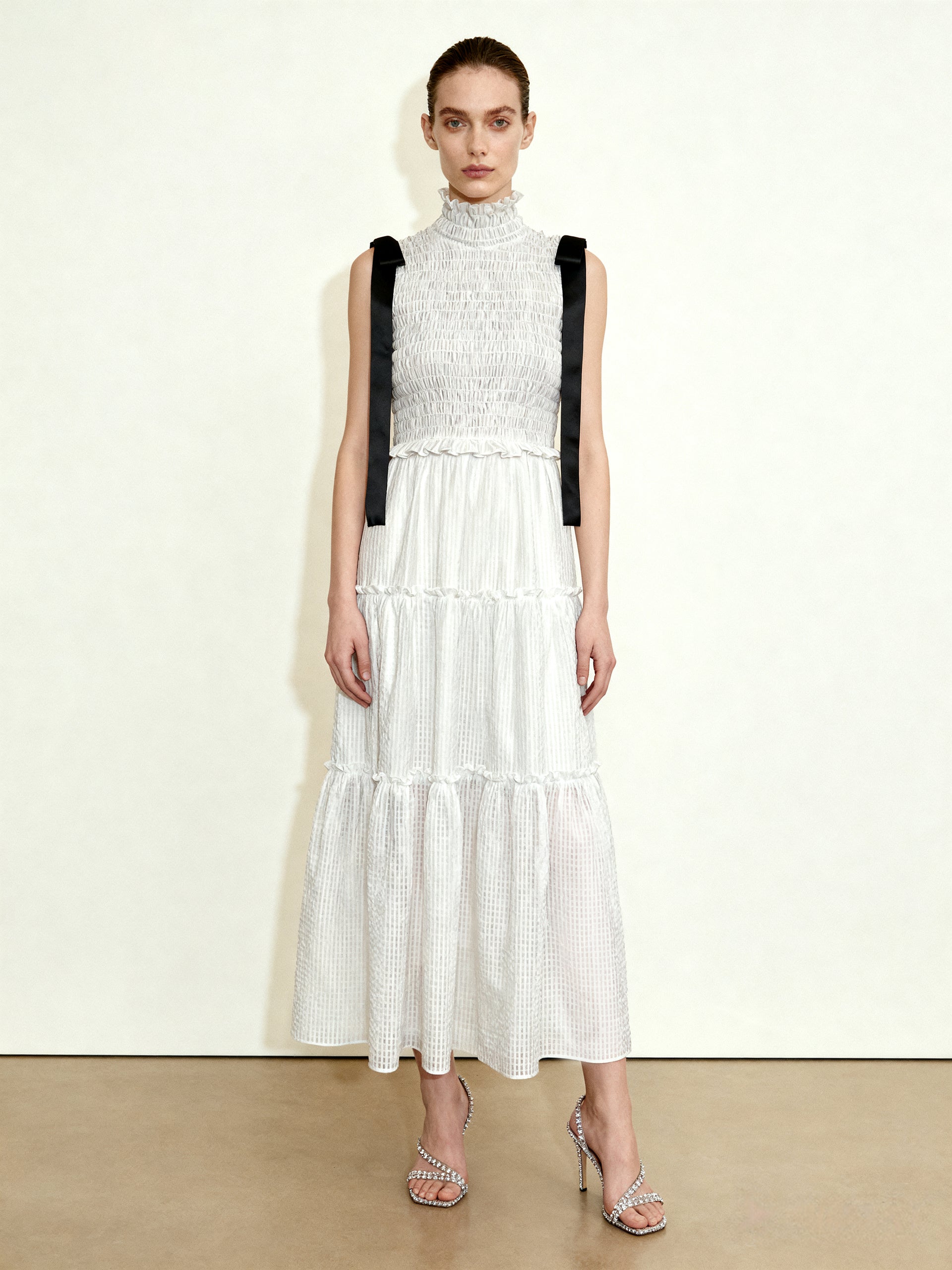high neck midi white dress High-Neck Sleeveless Smocked Three-Tier Maxi - 8% spandex Morgan & Co 10032N Color:Pacifico SS26 - International
