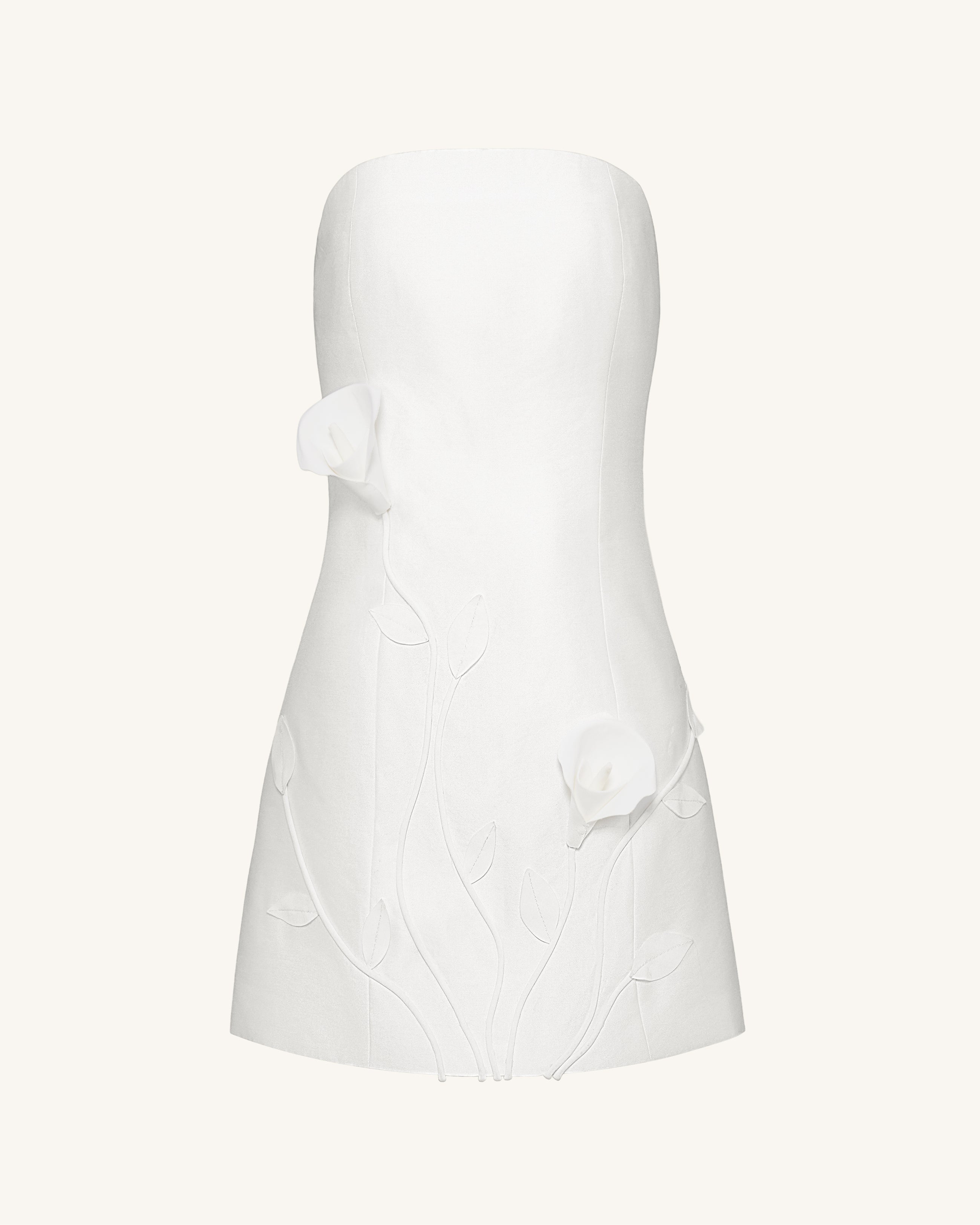 3D Vine Floral Strapless Mini Dress - White