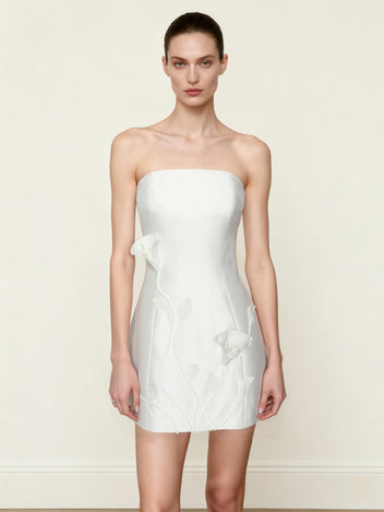 3D Vine Floral Strapless Mini Dress - White