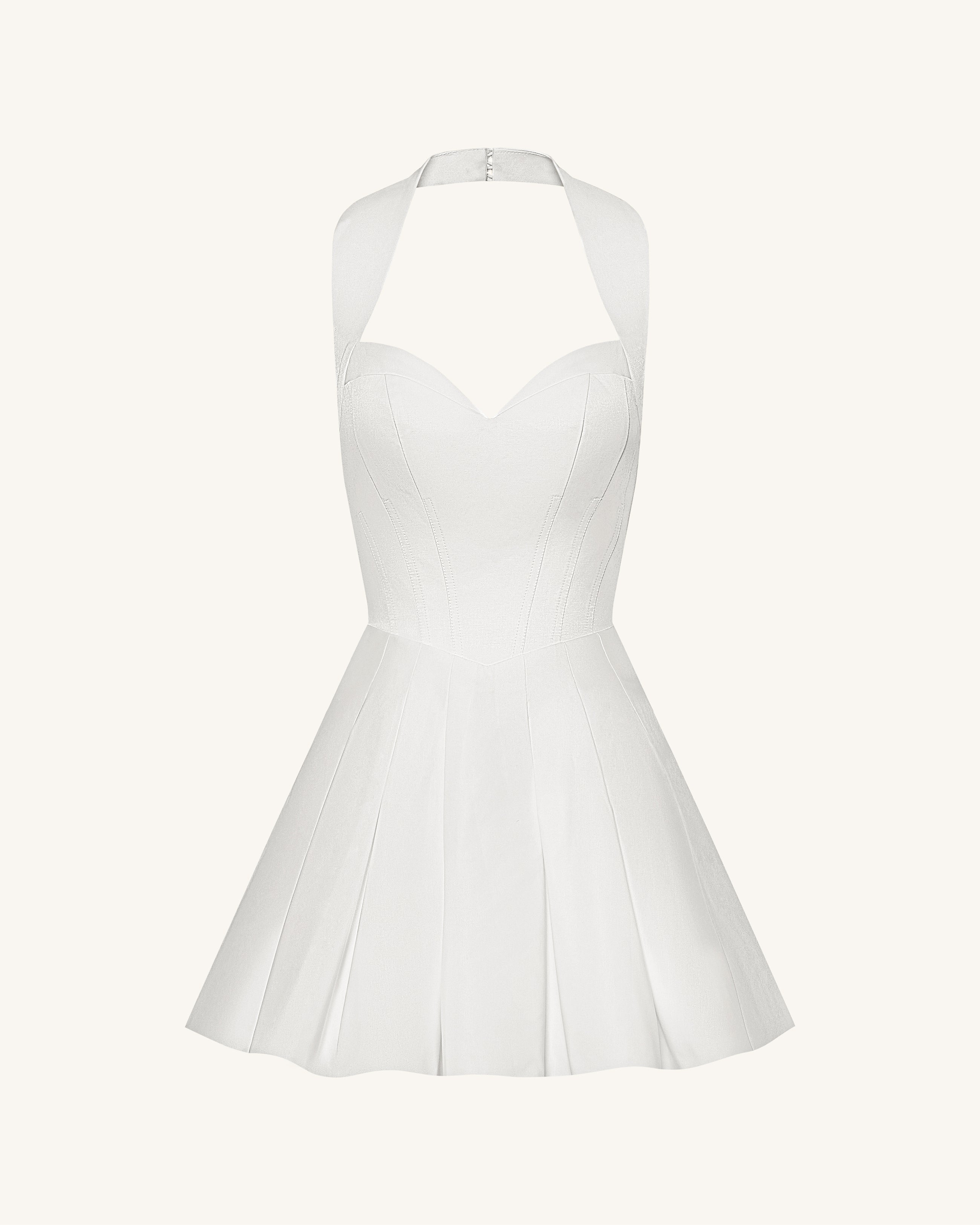 Pleated Bustier Halter Mini Dress - White
