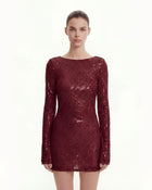Diagonal Sequin Open-Back Long Sleeve Mini Dress - Claret