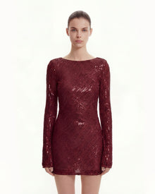 Diagonal Sequin Open-Back Long Sleeve Mini Dress - Claret