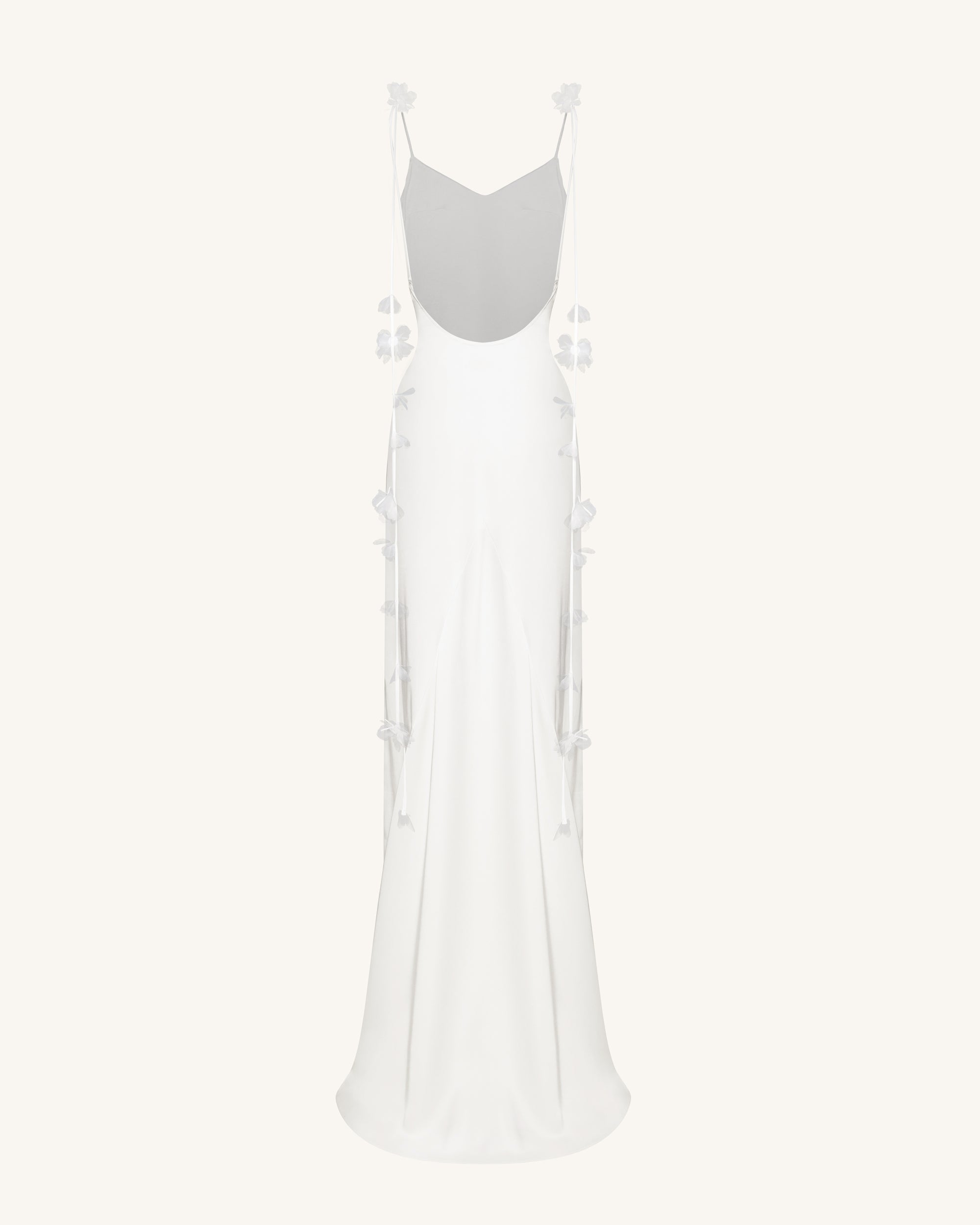 Satin Strappy Maxi Dress with Floral Streamers - White 6 Satin Strappy Maxi Dress with Floral Streamers - White 6