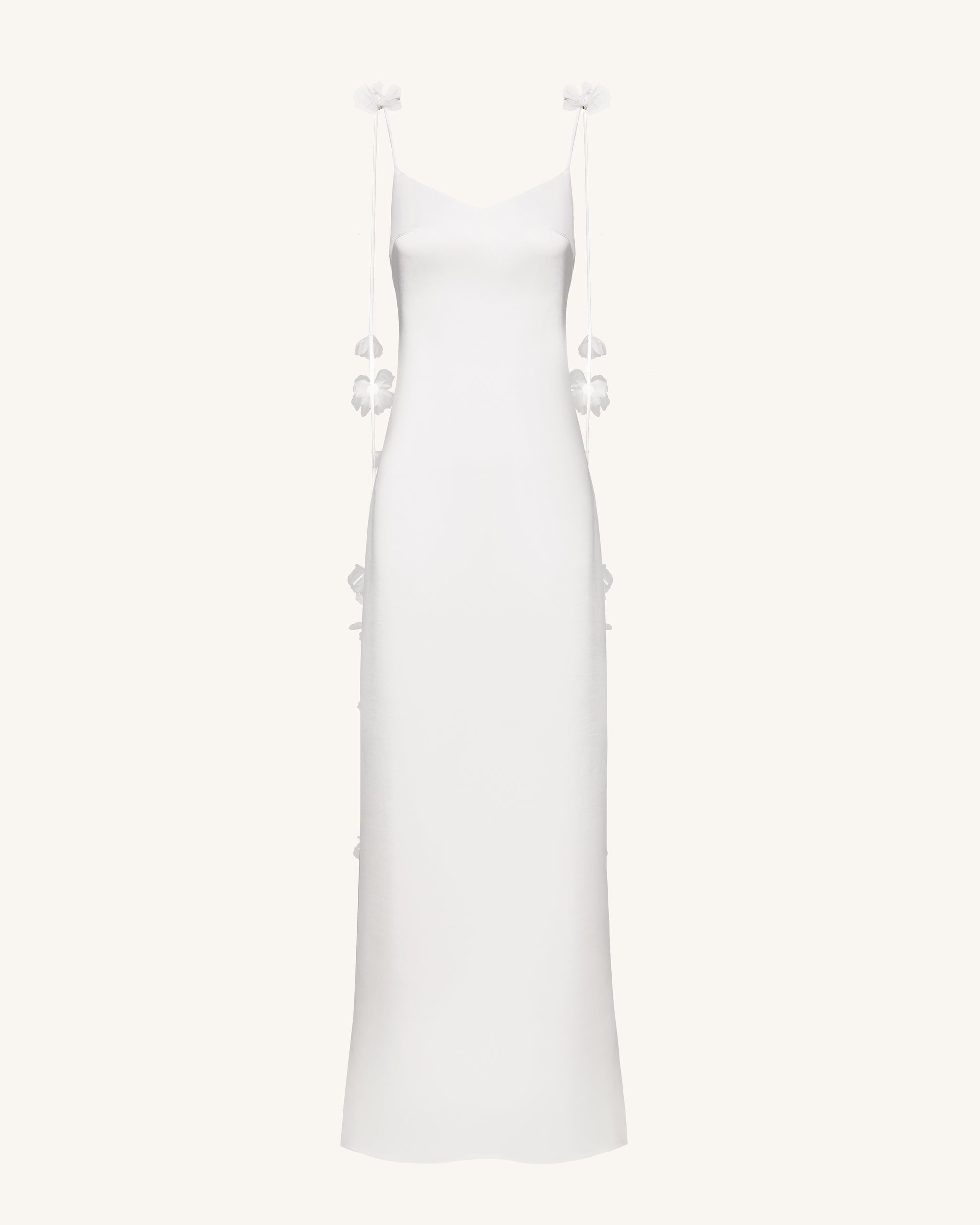 Satin Strappy Maxi Dress with Floral Streamers - White 8 | US Satin Strappy Maxi Dress with Floral Streamers - White 8 | US