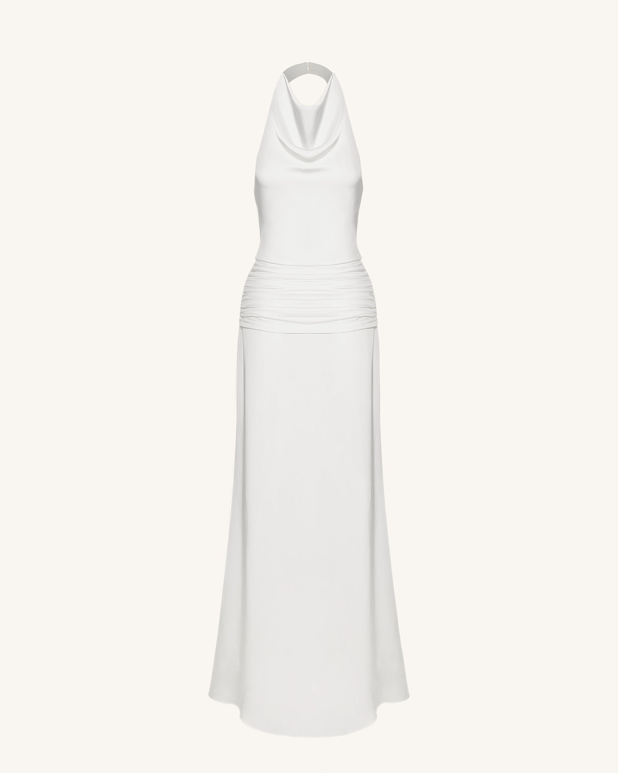 Satin Cowl Neck Ruched Maxi Gown - White 2