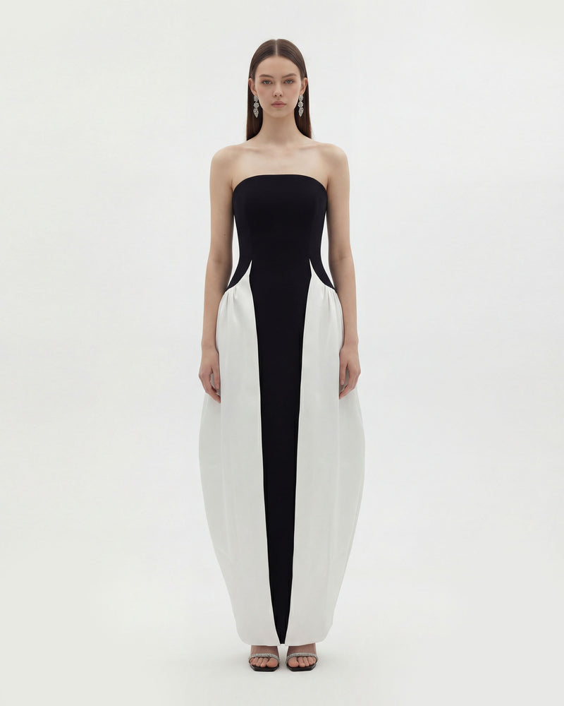 Monochrome Paneled Strapless Sculptural Maxi Dress - Black