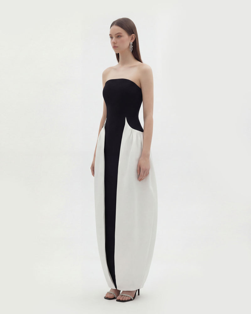 Monochrome Paneled Strapless Sculptural Maxi Dress - Black