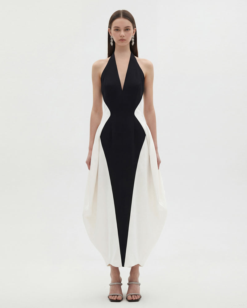 Monochrome Paneled Deep-V Halter Maxi Dress - Black