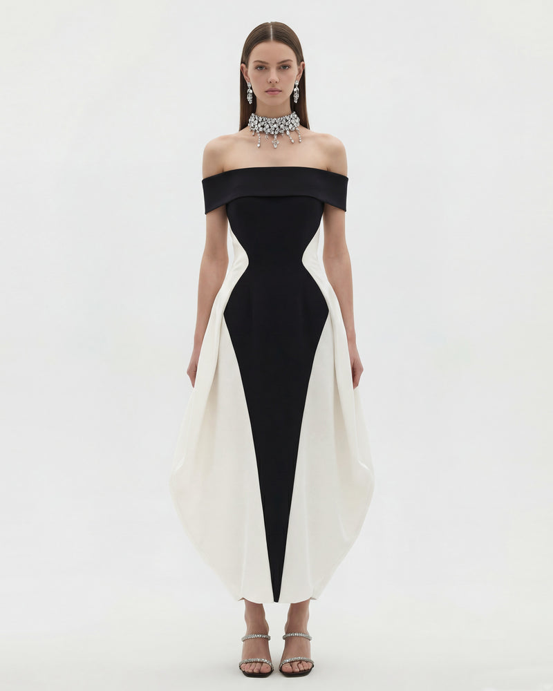 Monochrome Paneled Fold-Over Off-Shoulder Maxi Dress - Black