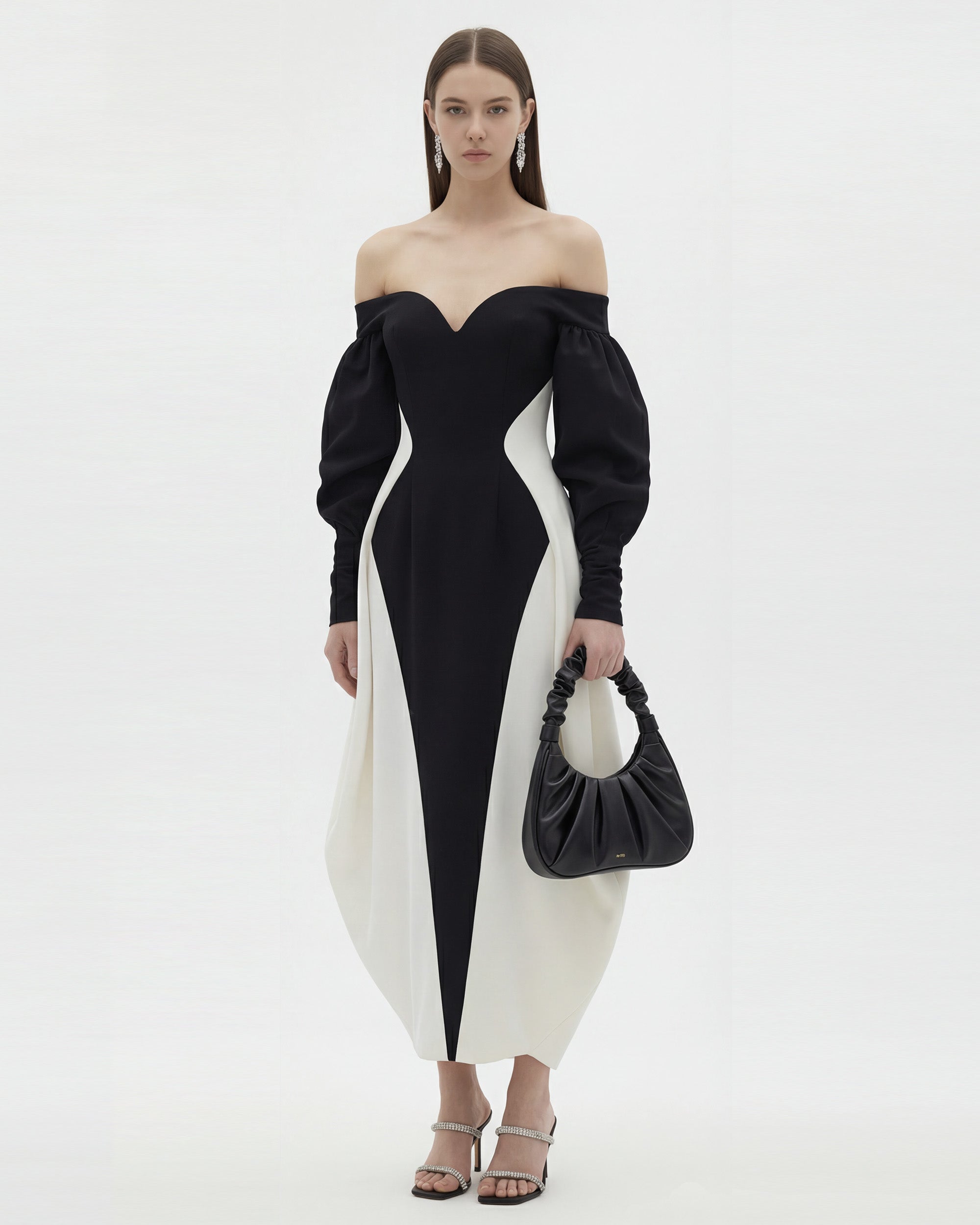 Monochrome Paneled Off-Shoulder Puff Sleeve Maxi Dress - Black