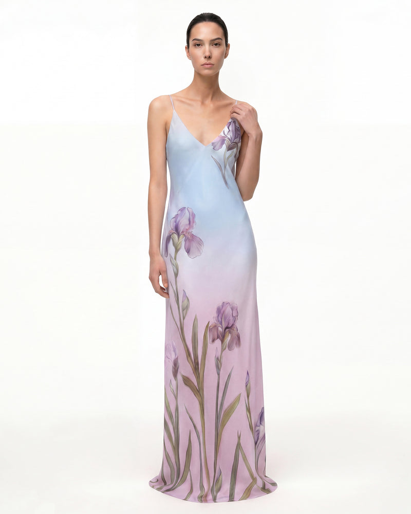 Iris Motif Satin Slip Gown - Blue/Purple