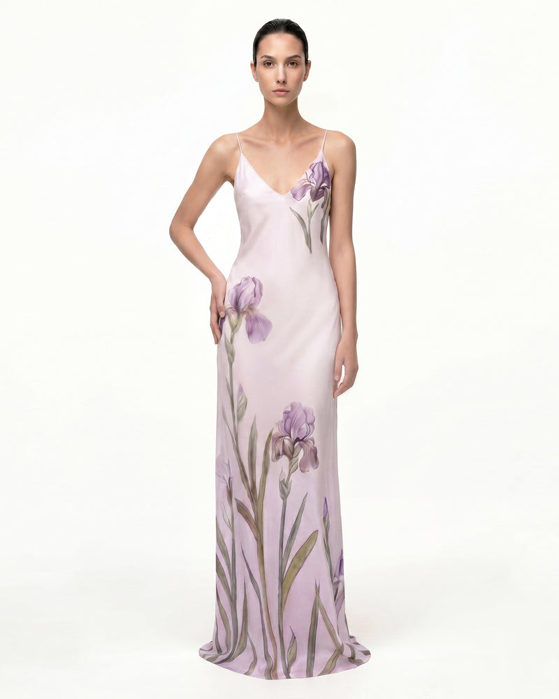 Iris Motif Satin Slip Gown - Purple