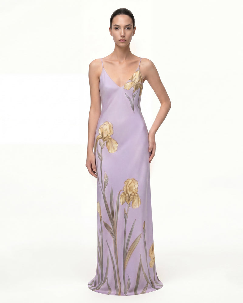 Iris Motif Satin Slip Gown - Purple/Yellow