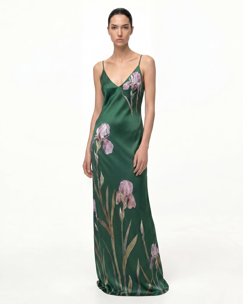 Iris Motif Satin Slip Gown - Dark Green/Purple