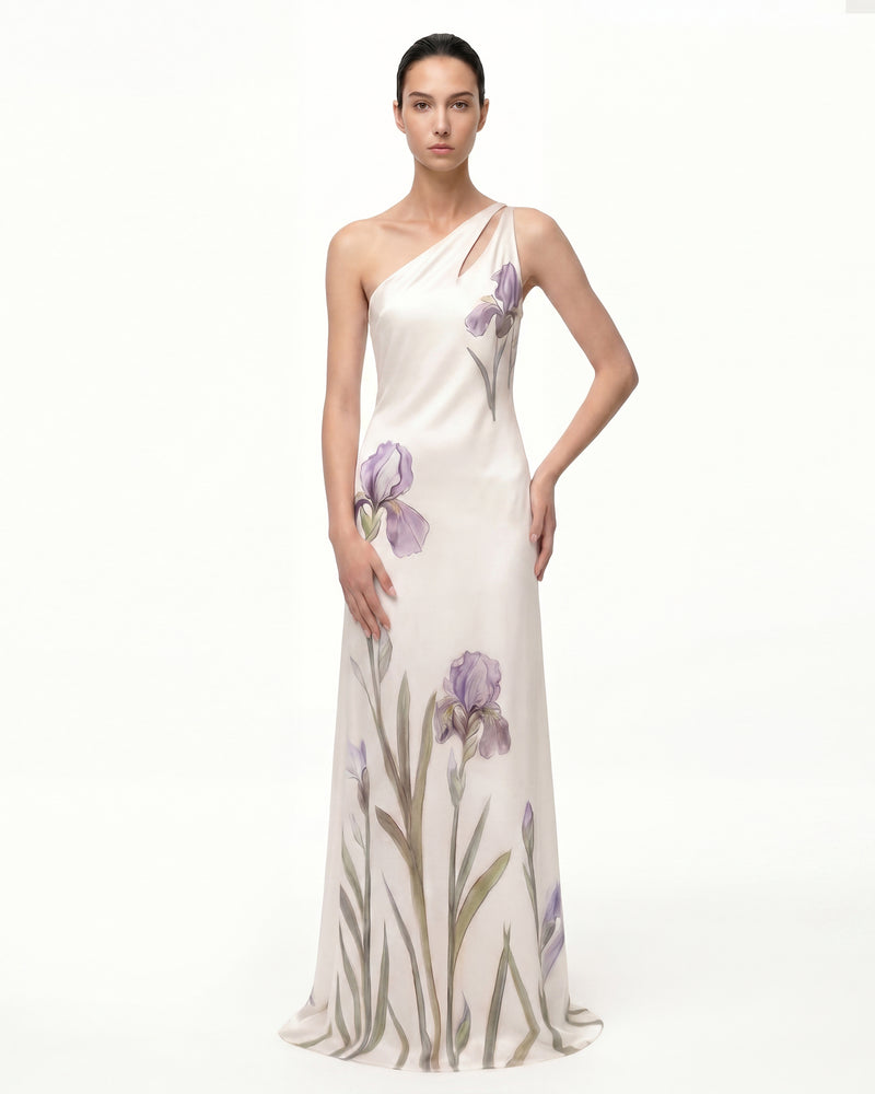 Floral One-Shoulder Maxi Dress - Ivory Purple