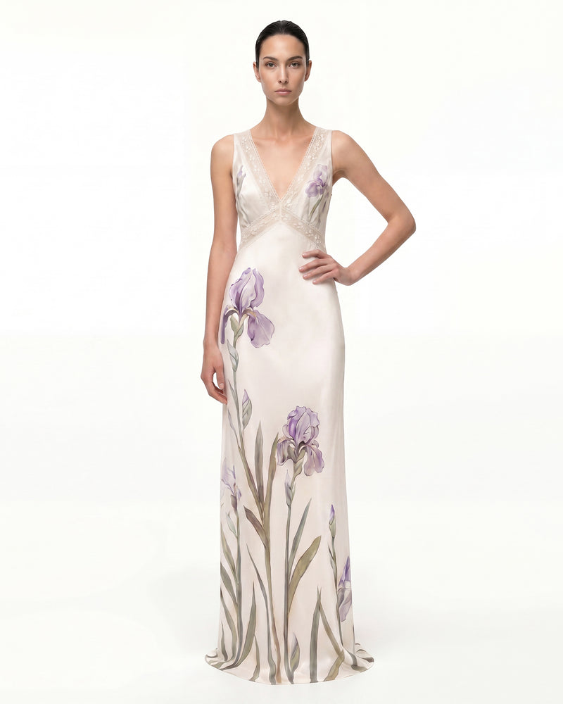 Lace-Detailed Floral Print Maxi Dress - Ivory Purple