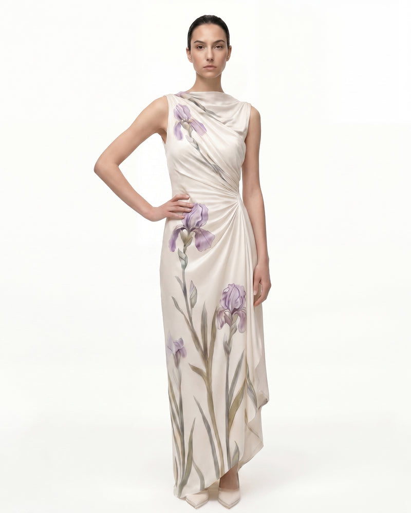 Asymmetric Floral Print Maxi Dress - Ivory Purple