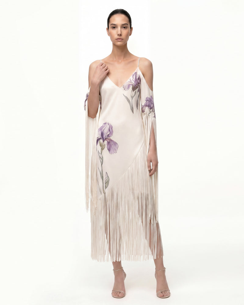 Floral Fringe Midi Dress - Ivory Purple