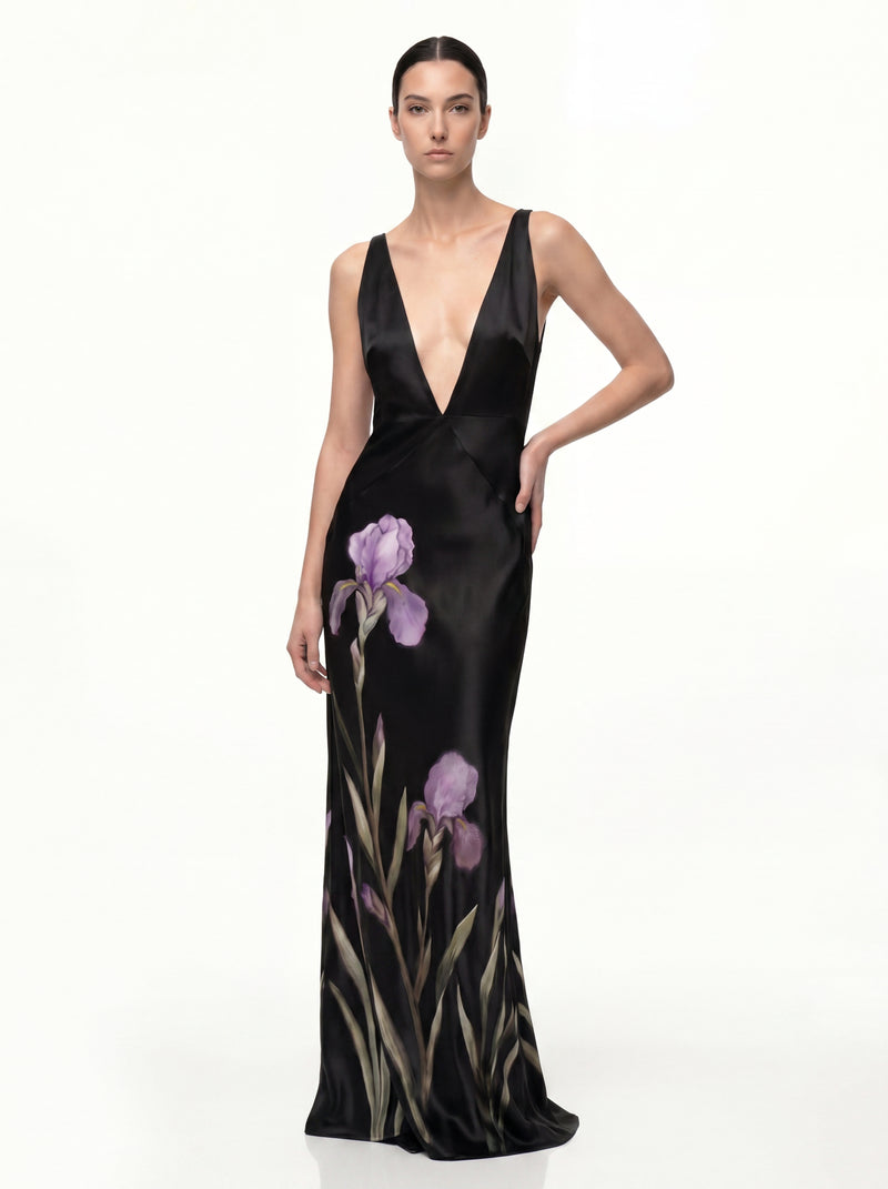 Floral Deep V Maxi Dress - Black
