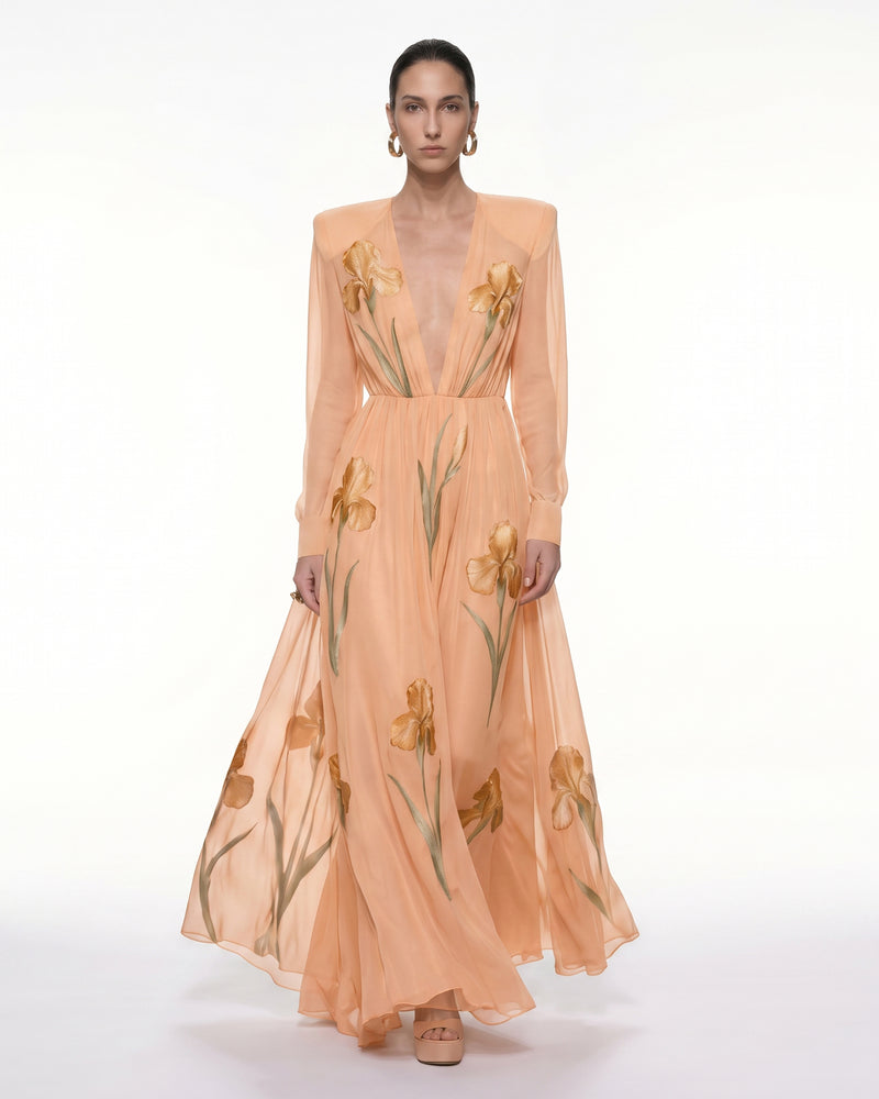 Iris Floral Print Long-Sleeve Sheer Gown - Apricot