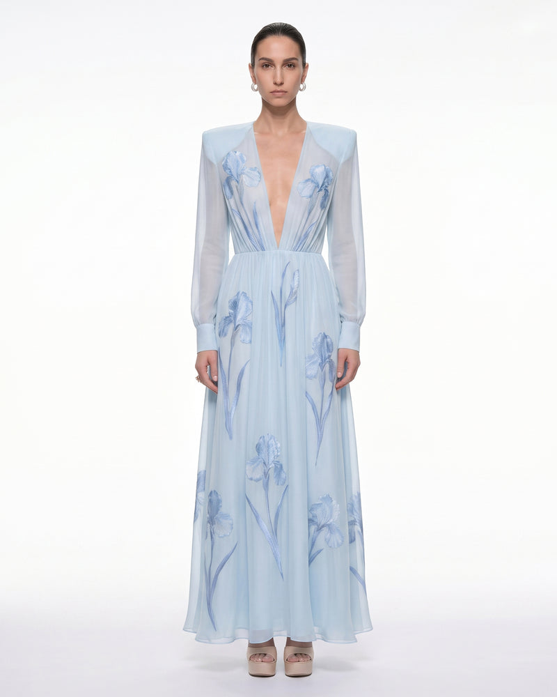 Iris Floral Print Long-Sleeve Sheer Gown - Baby Blue