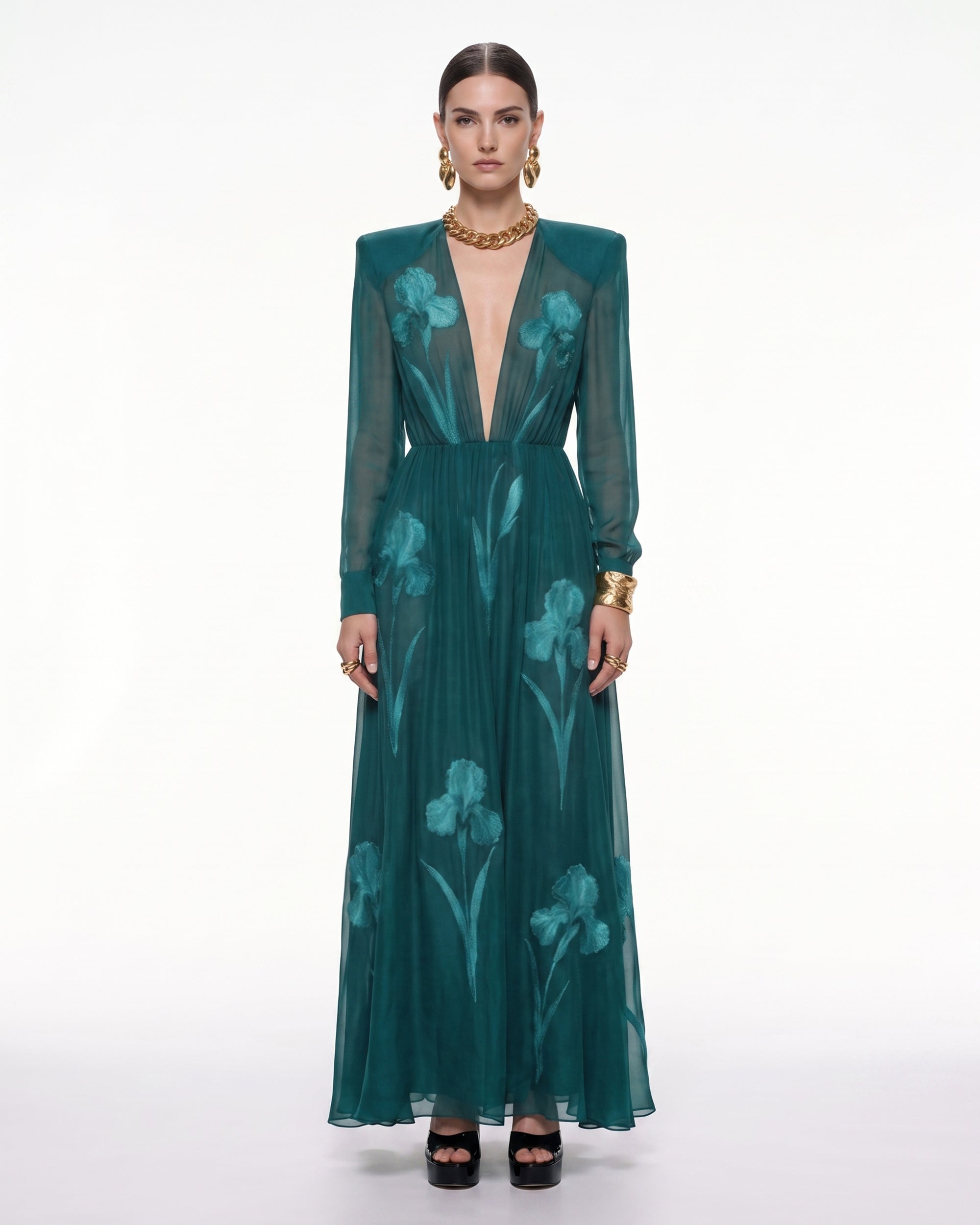 Iris Floral Print Long-Sleeve Sheer Gown - Peacock Green