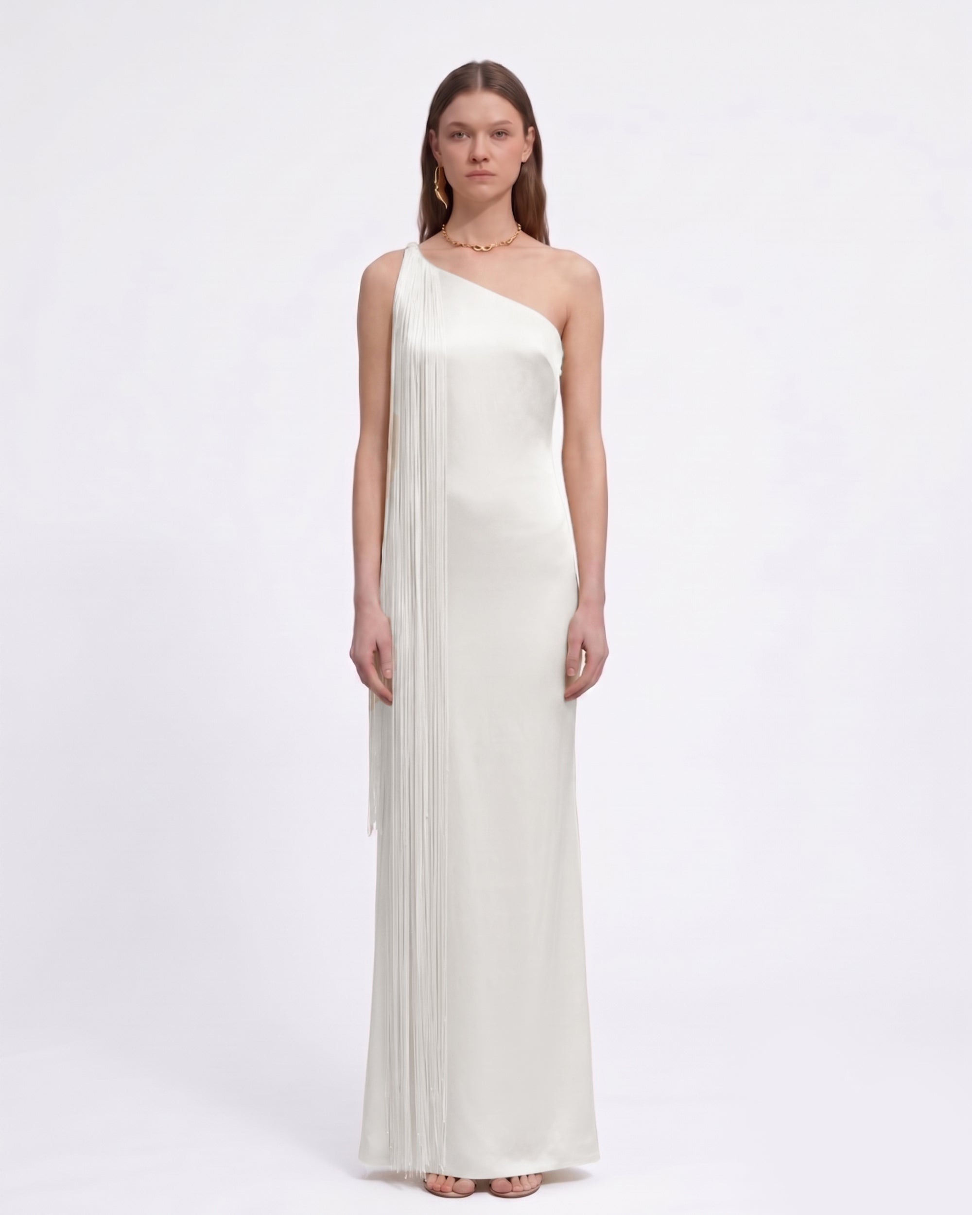 Fringe One Shoulder Maxi Dress - White