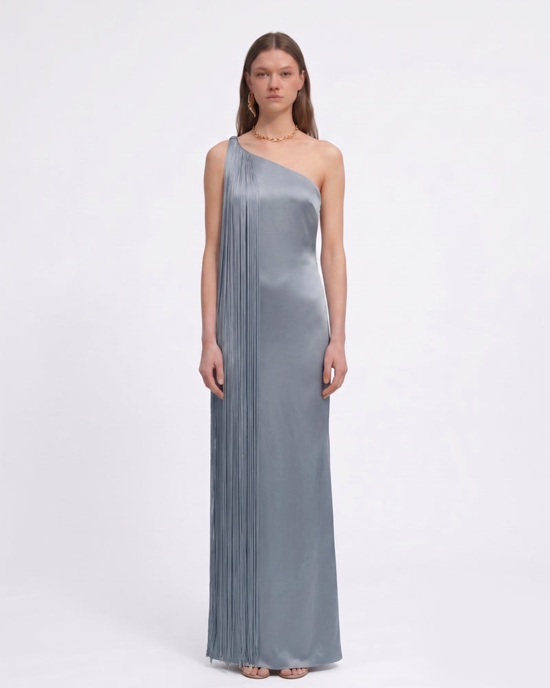 Fringe One Shoulder Maxi Dress - Misty Blue