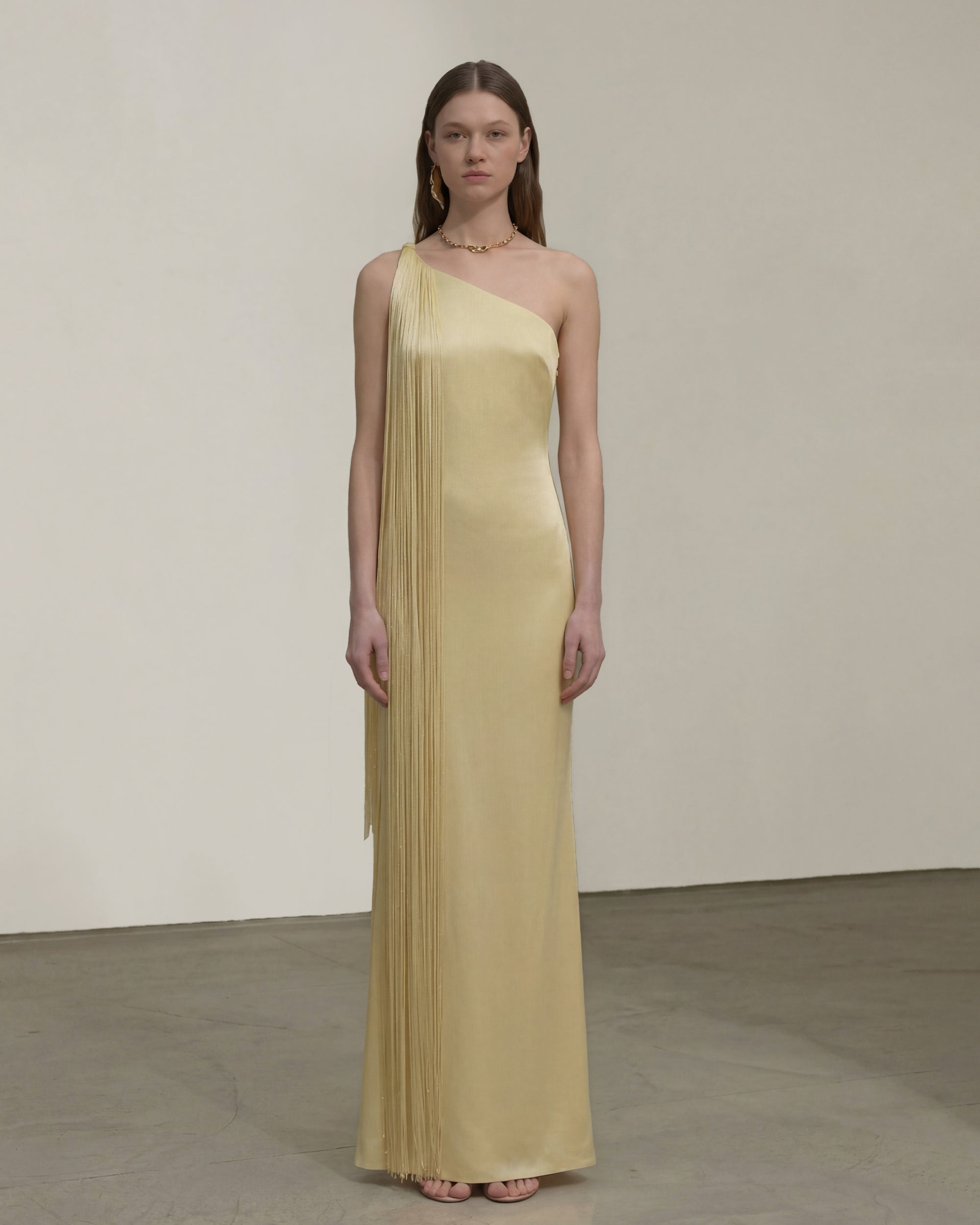 Fringe One Shoulder Maxi Dress - Champagne 2