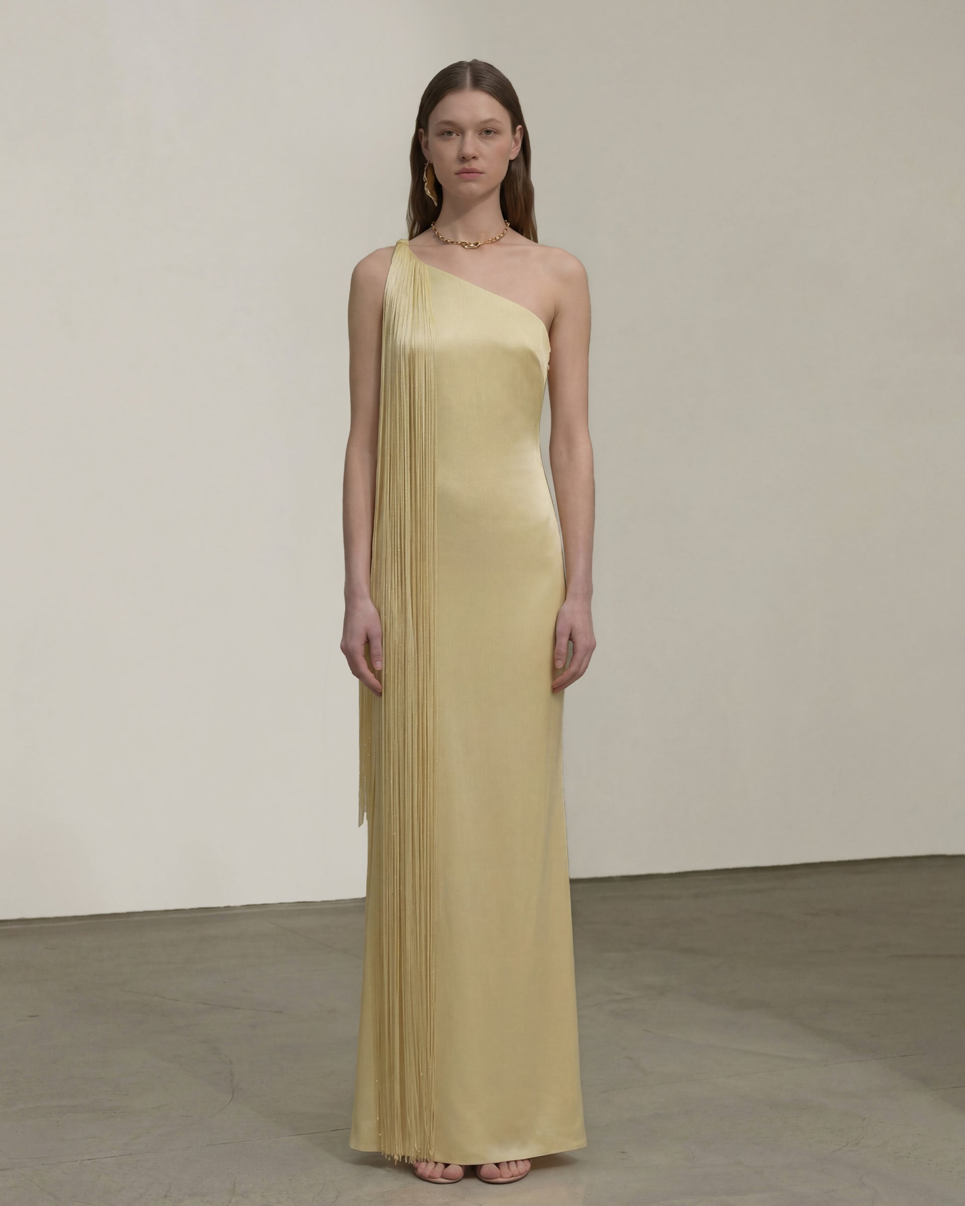 Fringe One Shoulder Maxi Dress - Champagne | JW PEI